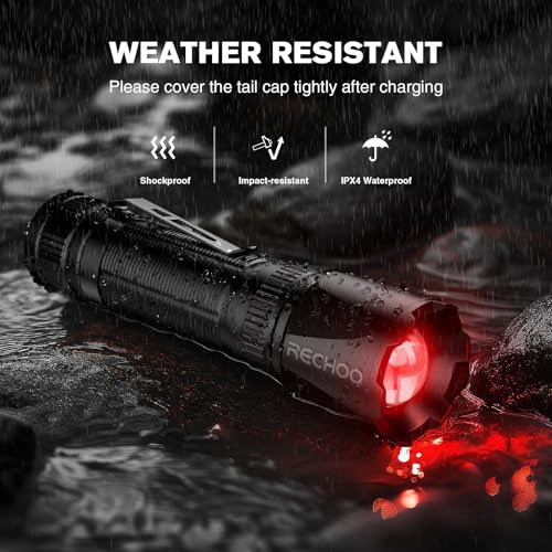 RECHOO Red LED Flashlight with Zoom, 3 Modes, Rechargeable, Portable for Hunting & Night Observation