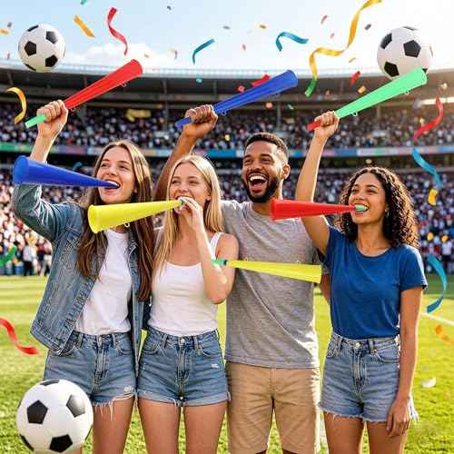 Soccer Vuvuzela Horn Set - 8 Loud Plastic Noise Makers with Lanyard - Variation A