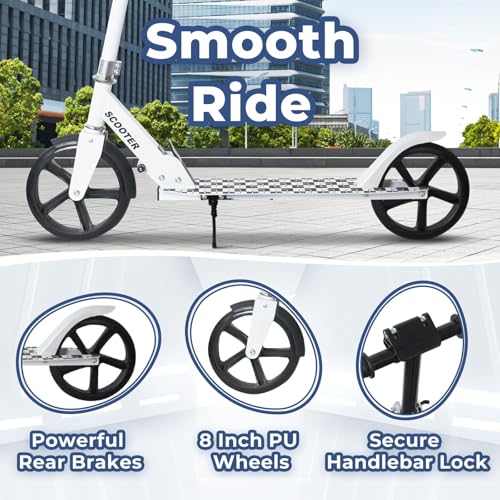 Nattork White Kids & Teen Adjustable Folding Kick Scooter with Large Wheels
