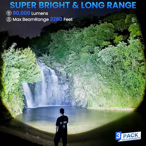 Flashlight Rechargeable 99,000 High Lumens, 3 Pack Led Flash Lights with 5 Modes, Waterproof Handheld Linterna for Camping, Home, Outdoor