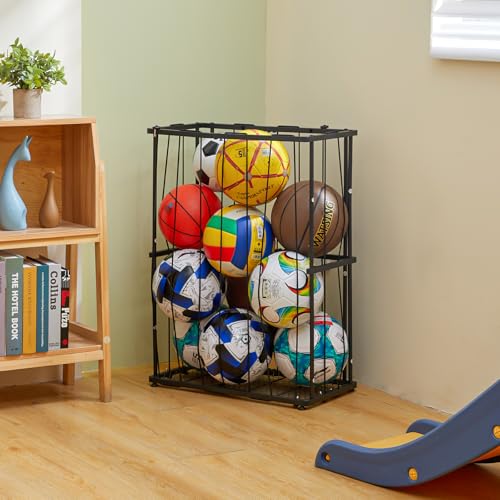 Wall-Mounted & Floor Sports Ball Storage Rack Organizer - Black
