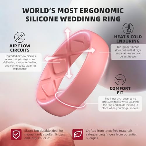 Silicone Wedding Rubber Band Ring Set - 6mm Wide, Ergonomic - Black, Marble, Whitepink, Faint Red