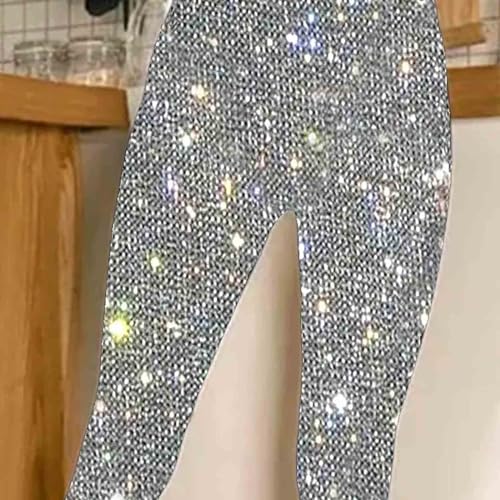 High Waisted Glitter Leggings for Women - Silver, XX-Large
