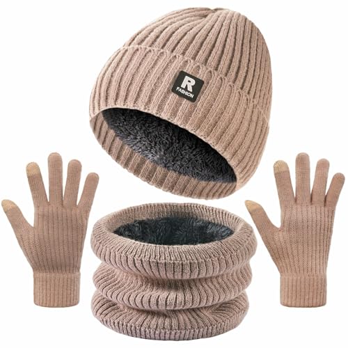 Winter Beanie Hat, Circle Scarf & Touchscreen Gloves Set