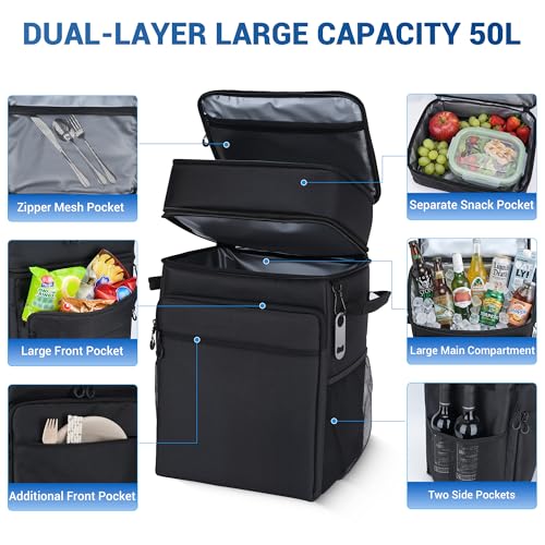 80-Can Collapsible Rolling Cooler with Wheels – 50L Double Bag Portable Cooler EKAZRIH