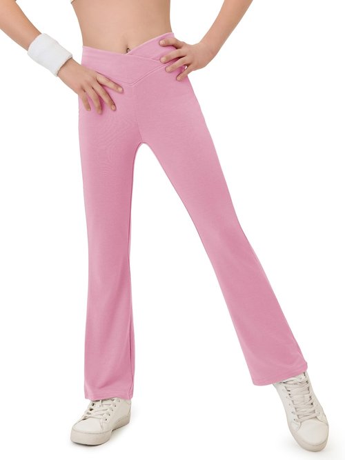 Haloumoning Girls Crossover High Waisted Flare Pants Kids Bootcut Leggings Full Length Bell Bottoms 5-14 Years Pink