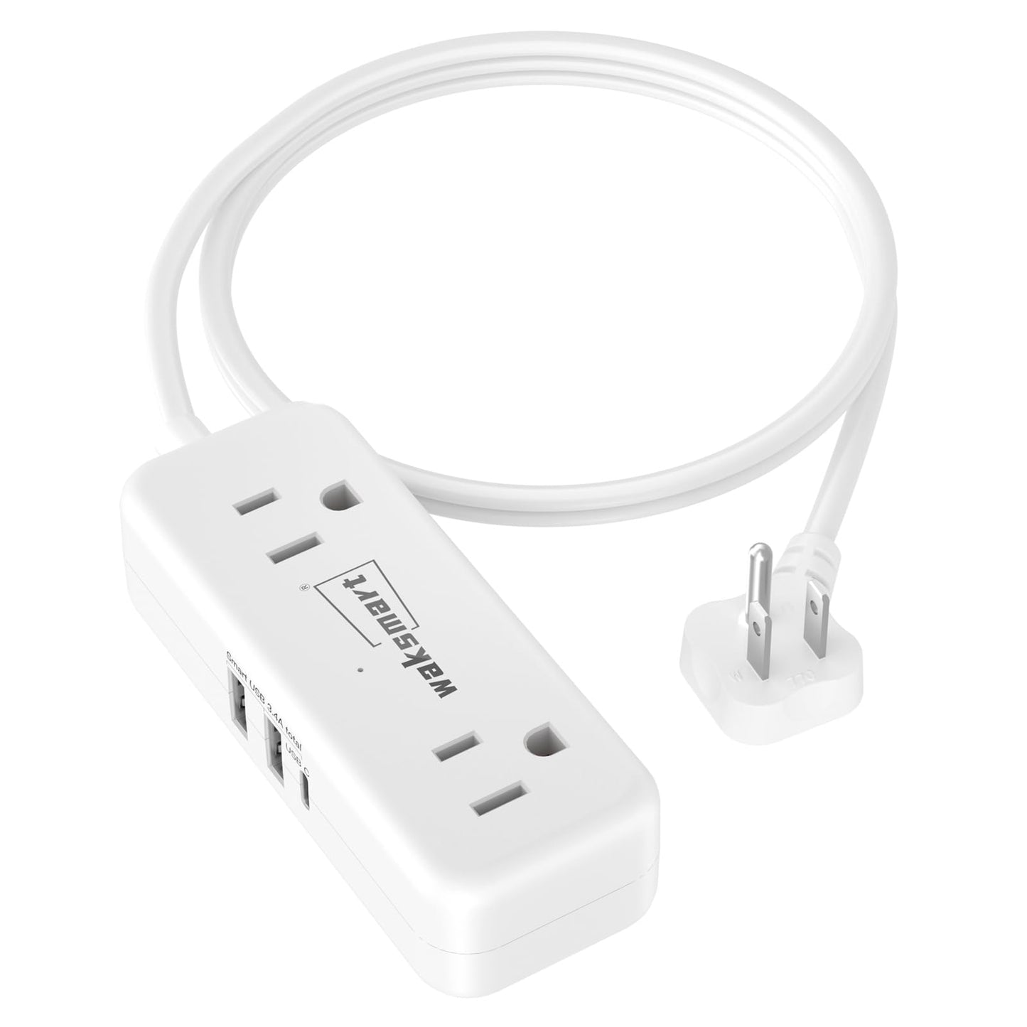 Flat Plug Extension Cord 3 Feet with 4 AC Outlets 3 USB Ports (5V/3.4A 17W), Flat Plug Power Strip Compact for College Dorm, Travel, Home, White