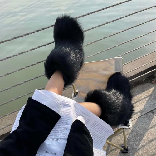 WOVOIE Women's Faux Fur Snow Boots - Black, Size 7.5, Mid-Calf Winter Boot