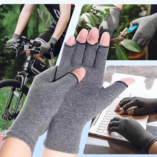 Compression Arthritis Gloves - Fingerless Hand Support - Black & Grey Medium