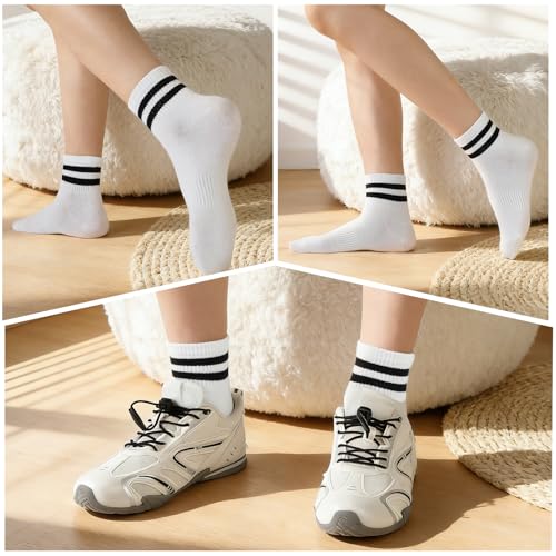 Women's White Crew Socks 6 Pairs - Casual Striped Trim, Breathable Cotton Blend, One Size