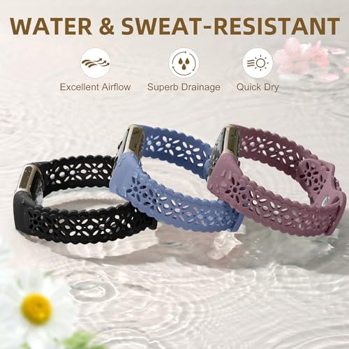 Maledan Floral Lace Silicone Watch Bands for Fitbit Charge 5/6, Black/Blue Gray, 5.5-8.2 inch Wrist