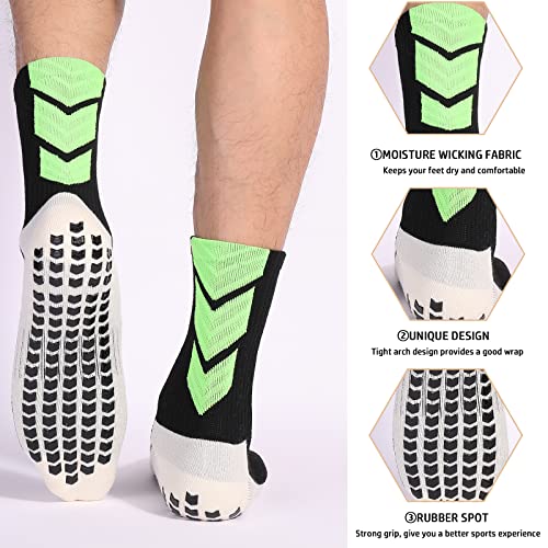 Anti-Slip Athletic Soccer Socks - Youth & Mens - 3 Pairs - Black/White/Green