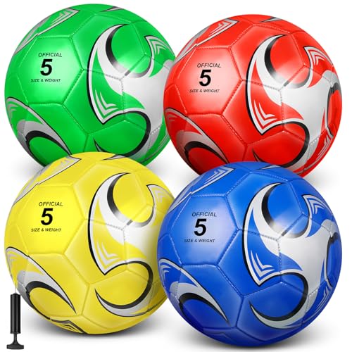 HyDren Size 5 Soccer Balls, 4 Pack with Pump – 8.7in Official Ball, Multicolor
