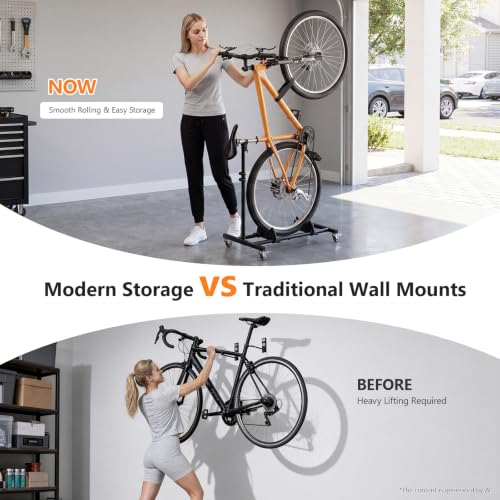 Black 1 Pack Vertical Bike Stand with Wheels, Adjustable Indoor Bicycle Storage Rack for Road, MTB & Hybrid Bikes up to 29"