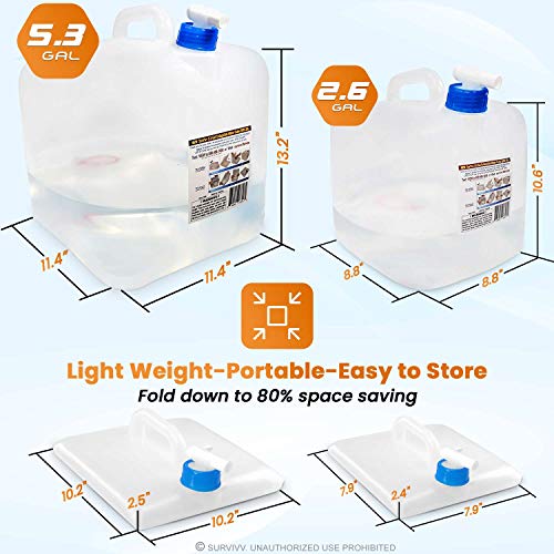 SurVivv 5.3Gal/20L Collapsible Water Container with Spigot 2-Pack BPA Free Food Safe