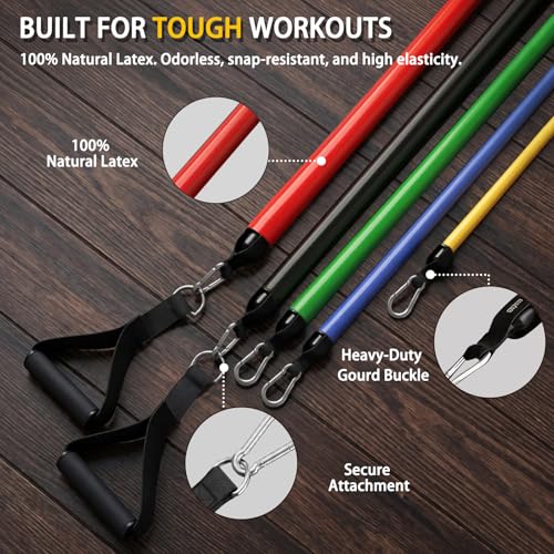 Resistance Bands with Handles 150 lbs Set – 5 Color-Coded Tubes, Door Anchor & Carry Bag
