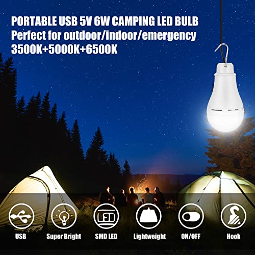 6 Pcs USB Light String LED Portable Light Bulb Rechargeable USB Strip Camping Lantern with Splitter Cable for Camping Porch Backyard Garage Warehouse Truck Fishing Boat