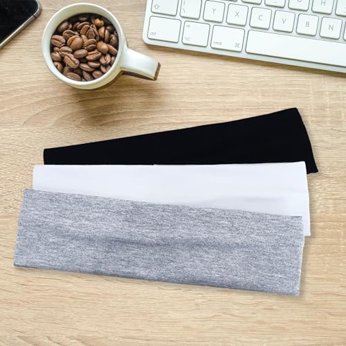 3-Pack Non-Slip Elastic Sports Headbands - Soft Stretchy Fabric - Black/Gray/White