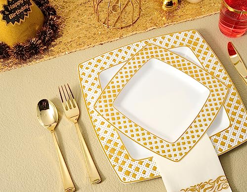 FOCUSLINE Gold Diamond Rim Square Disposable Dinnerware Set for 25 Guests, 175 Pieces