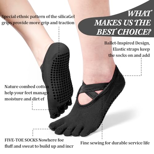 SATINIOR 7 Pairs Women’s Yoga Toe Socks with Grip - One Size, Black
