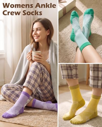 Women's Compression Ankle Crew Socks - Breathable Cushioned Socks, 6-9, Blue Purple Pink Yellow Green