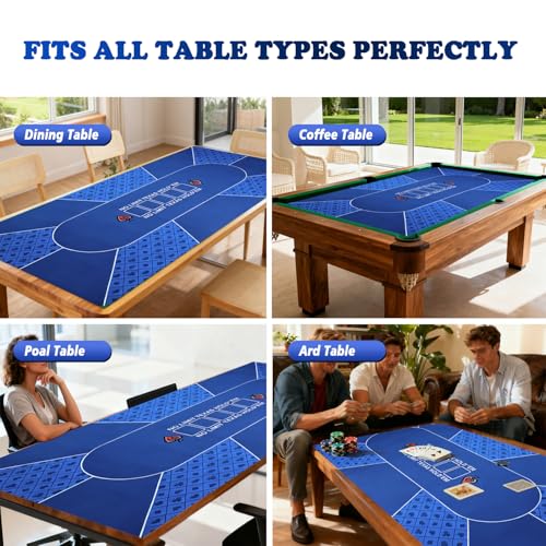 Blue Waterproof 70 x 35 Inch Poker Mat for Texas Hold'em & Casino Games - Portable Anti-Slip Card Tabletop
