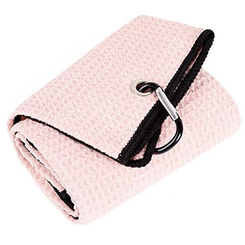 Tri-Fold Golf Towel - 16" x 24" Microfiber with Carabiner Clip - Pink