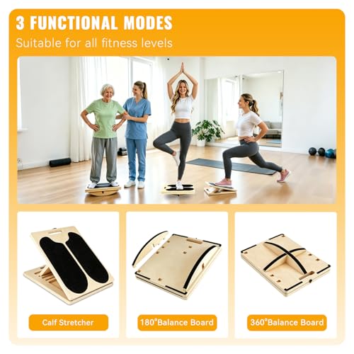 Large 3-in-1 Wooden Slant Board for Calf Stretching & Balance Exercises - Helntova