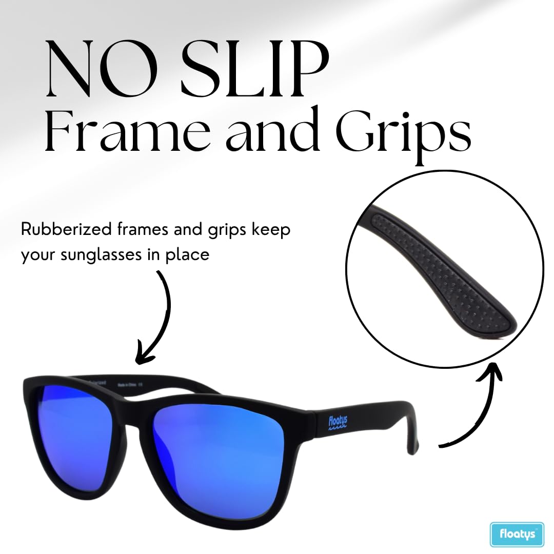 Floatys Floating Sunglasses Rubberized Eddys | Polarized Water Repelling Lenses | No Slip Frame | Lightweight | Men and Women (Black Frame/Blue Mirror Lens)