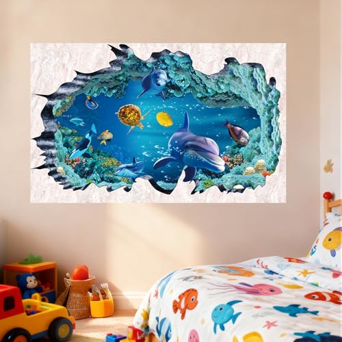 3D Under The Sea Wall Decals, Removable Ocean Theme Peel and Stick Wall Art with Dolphin Turtle Seaweed for Broken Wall Effect, Waterproof DIY Decor for Boys Bedroom, Kids Room, Bathroom, Living Room