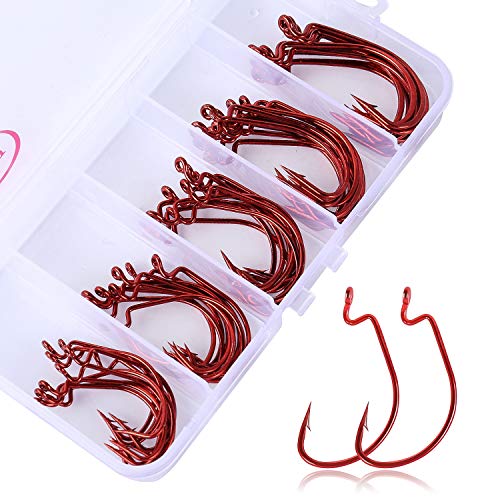 Weedless Offset Shank Worm Hooks - High Carbon Steel, 50PCS Red