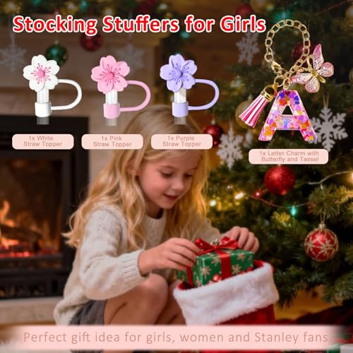 Initial Letter Charm & Silicone Straw Cover Set for 10mm Tumbler Straws - Pink