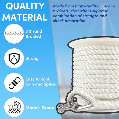 VEITHI 1/2in x 100ft Boat Anchor Rope with Stainless Thimble & Shackle White, 3-Strand Marine Line