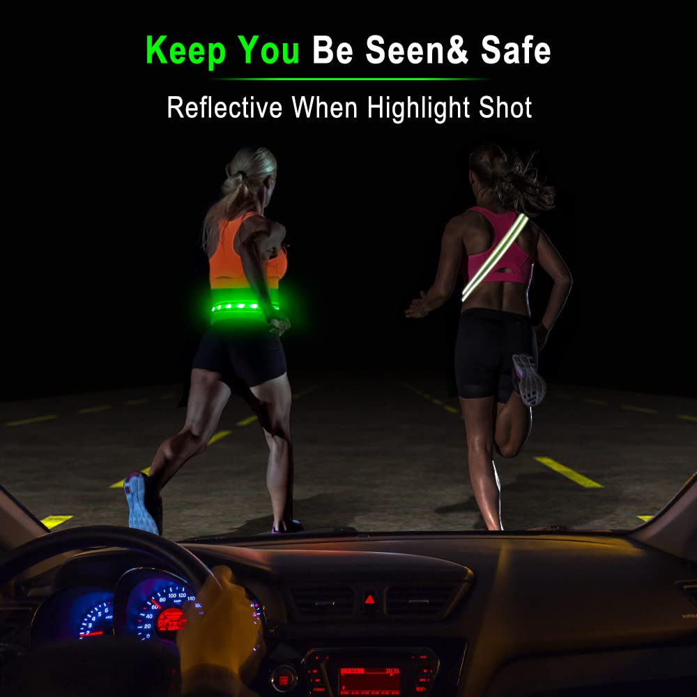 BSEEN LED Running Waist Belt - USB Rechargeable Reflective Glowing LED Waistband, Flashing Safety Light Belt for Runners, Joggers, Walkers, Pet Owners, Cyclists (Neon Green)