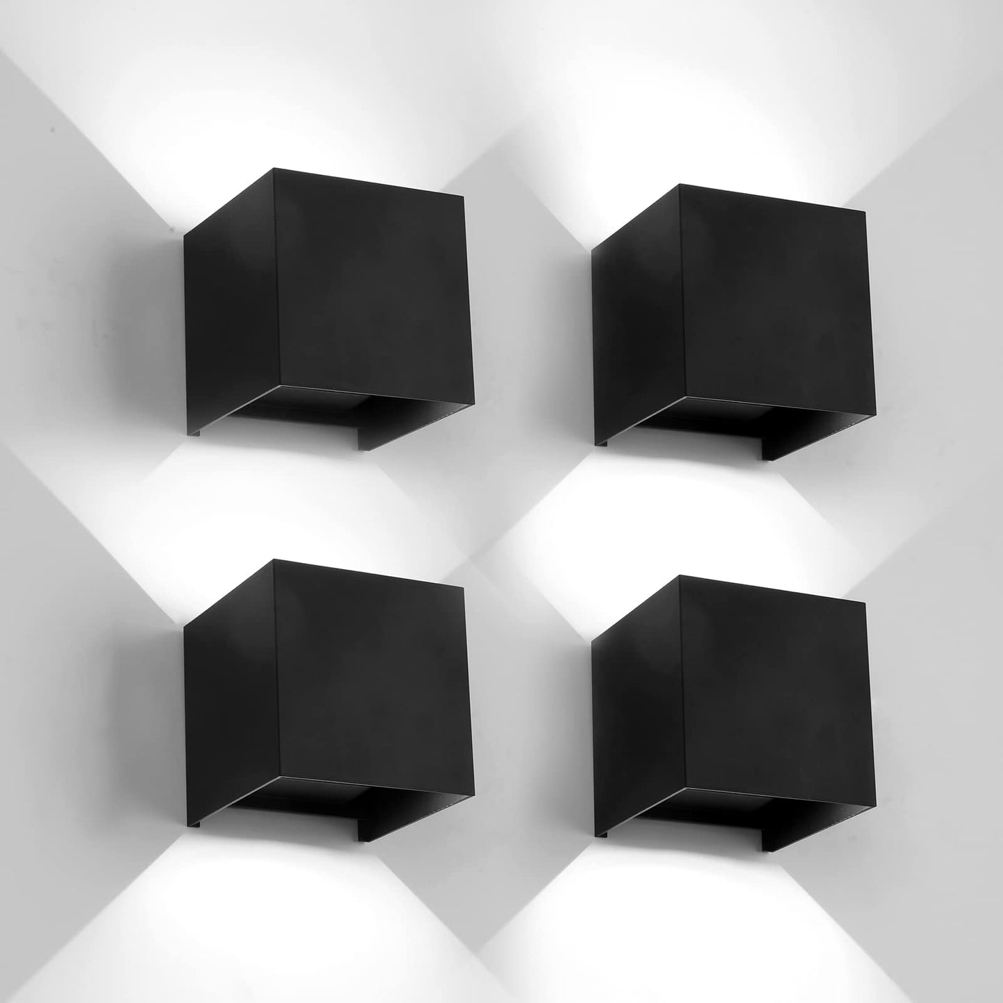 Mille Lucciole 12W 4Pack Outdoor Wall Lights Exterior/Interior,LED Black Outdoor Wall Sconces Light Fixtures Modern,IP65 Waterproof Square Aluminum Wall Lamps, Up and Down Lights 6500K Cold Lights