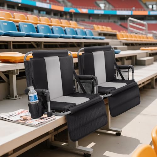 Folding Stadium Seats - 2 Pack Portable Bleacher Chairs with Cushions, Cup Holder - Black Grey