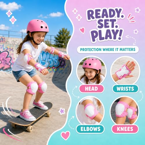 Pink Kids Bike Helmet Set for Ages 3-8 with Knee Elbow Wrist Pads, Small 19.69-21.26"