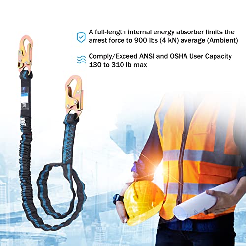 6 FT Safety Harness Lanyard with Double Heavy Duty Snap Hook, Single leg Abrasion Resistant Internal Shock Absorbing Fall Protection Lanyard, Construction Arborist Roofer, OSHA/ANSI Rated
