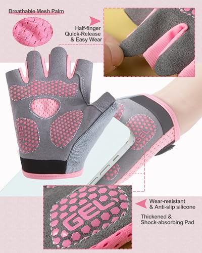Kids Fingerless Cycling Gloves - Breathable, Shock-Absorbing Pink, Size M (3-8 Years)