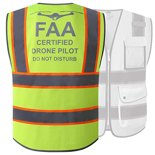 JKSafety 9 Pockets FAA Licenced Drone Pilot Hi-Vis Retro-Reflective Safety Vest | HQ Mesh Lite Neon Yellow Body Color Orange Trimming | ANSI/ISEA Compliance (JK100-FAA-Yellow-L)