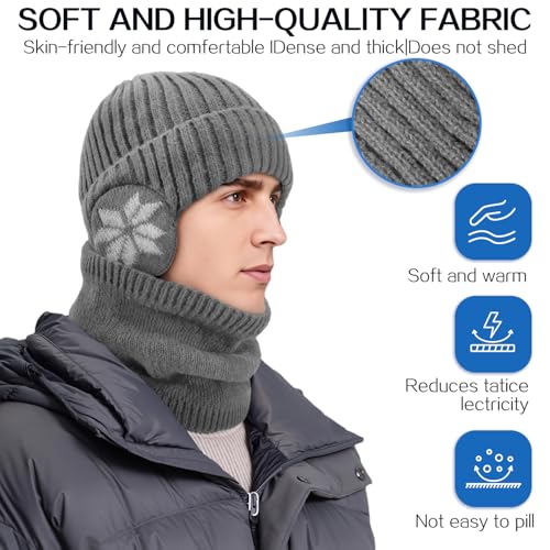 Men's Winter Beanie Hat and Scarf Set - Fleece Earflap Grey