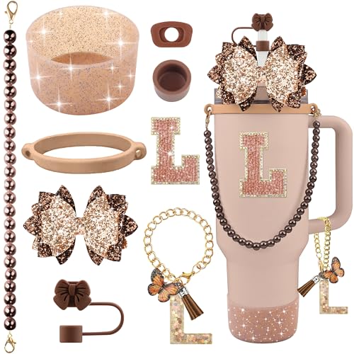 9PCS Bling Brown Stanley Cup Accessory Set - Letter L