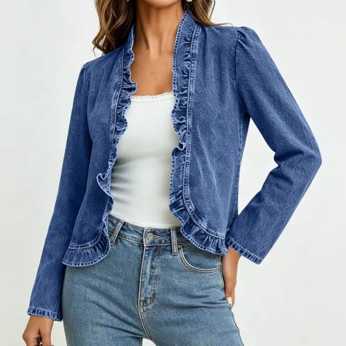 Ruffle Trim Long Sleeve Denim Cardigan - Large, Dark Blue