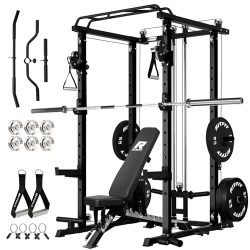 Power Cage with Cable Crossover System - Black, 1200LB Capacity, Bumper Plate Set