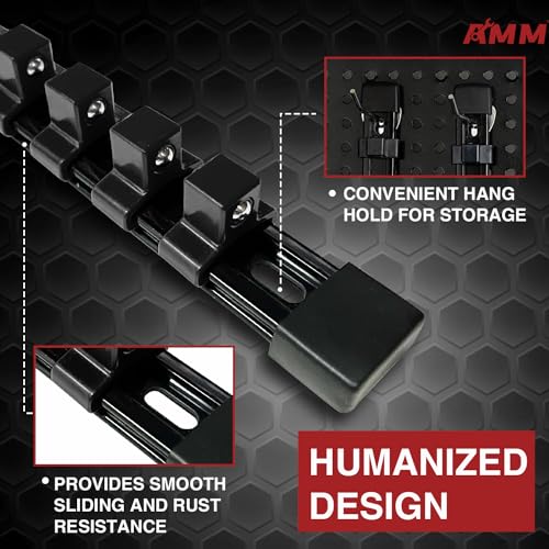 AMM 9-Piece Socket Organizer, 1/2 inch, 3/8 inch and 1/4 inch Drive ABS Tools-Black Socket Holder,Heavy Duty Socket Racks, Premium Quality Socket Clip Rail Holder,The best tool trays in the garage