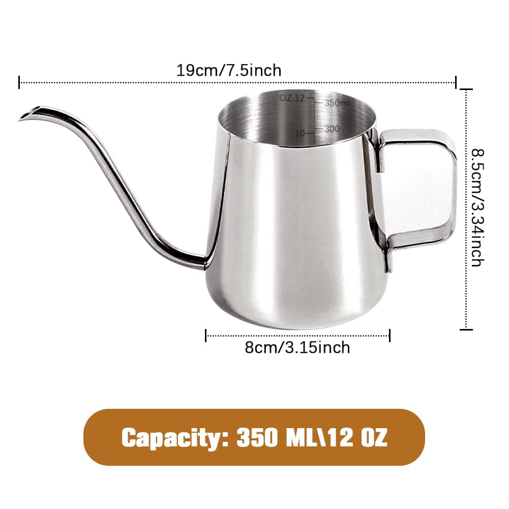 Milk Frothing Pitcher, 350ml/12oz Gooseneck Spout Coffee Tea Pot, Milk Frother Cup Stainless Steel, Milk Coffee Cappuccino Latte Art Barista Steam Pitchers Milk Jug Cup