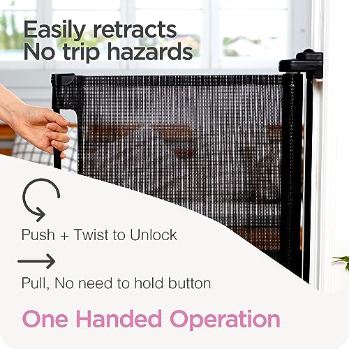 Perma Child Safety Retractable Baby Gate, 71" Wide x 33" Tall, Mesh for Stairs, Doorways, Indoors, Outdoors, Dogs, One-Hand Operation, Locks, Easy Install, Black