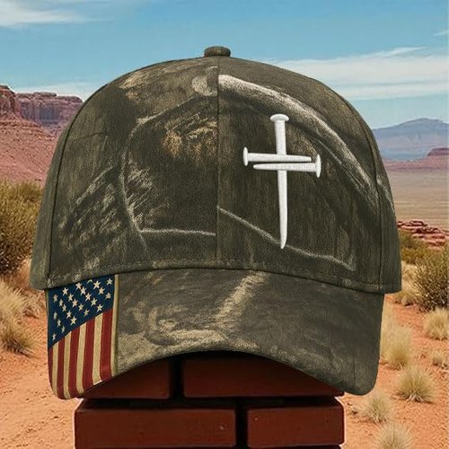 Adjustable Jesus 3 Nail Cross Hat with American Flag – Christian Cross Baseball Cap, Religious 3 Nail Design Faith Hat for Men & Women, Lord Savior Christian Gift Black