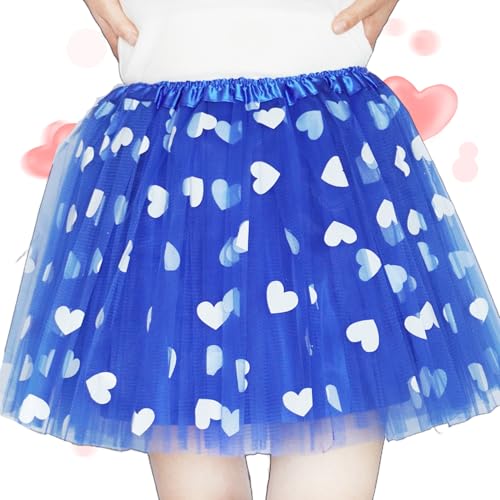 4-Layered Adult Tulle Tutu Skirt with Heart Pattern - Blue, Large