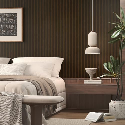 FunStick Brown Stripe Wood Wallpaper Peel and Stick Waterproof Wood Contact Paper for Cabinets Countertops Peel and Stick Wood Slats for Bedroom Wall Decor Removable Wood Wallpaper for Table 15.8"x80"
